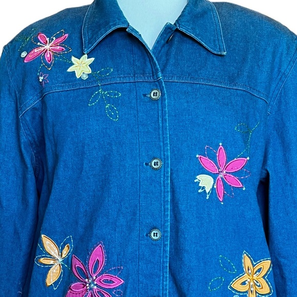 Alfred Dunner Women's 14 Denim Jean Shirt Jacket Shacket Embroidered Floral L - Picture 2 of 15